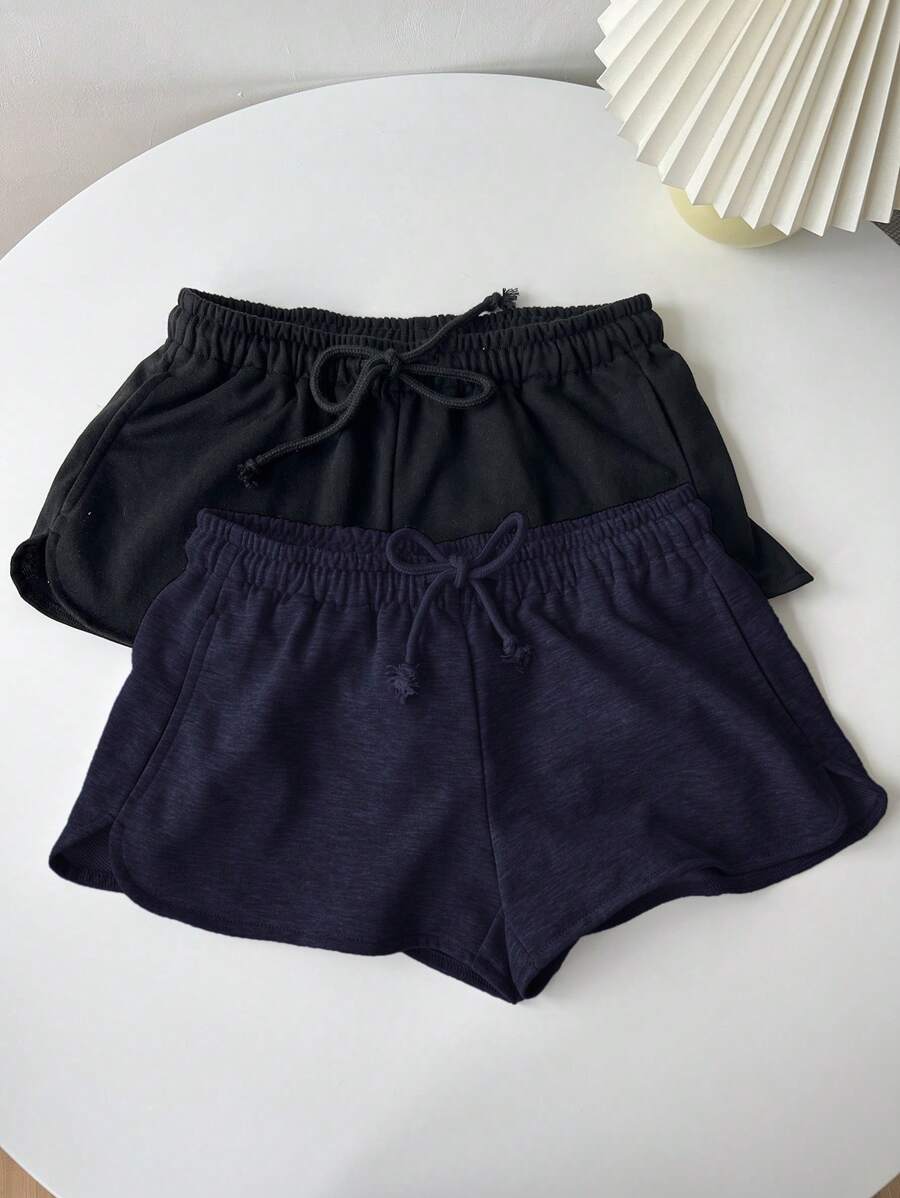 SHEIN EZwear 2 Stücke Frauen Shorts Set mit Tunnelzug und elastischem Bund, schwarz und navy blau, geeignet für den Sommer - Verschiedenfarbig - Übersicht 1