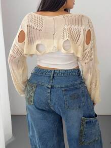 POPSWAY Plus 新款纯色性感超短宽松镂空罩衫针织套头衫秋冬款 - 杏色 - 查看 2