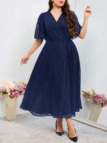 Modelyn Vestido Envelope com Recorte Colorido Sólido Tamanho Plus Size, Vestidos de Festa Longos - Azul Marinho - Visão 9
