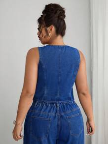 Elenzga Modische lässige ärmelloser Denim Jacke mit Perlendekor für Große Größen