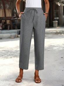 EMERY ROSE Pantalones recortados rectos informales con bolsillo y cintura con lazada en unicolor para mujeres