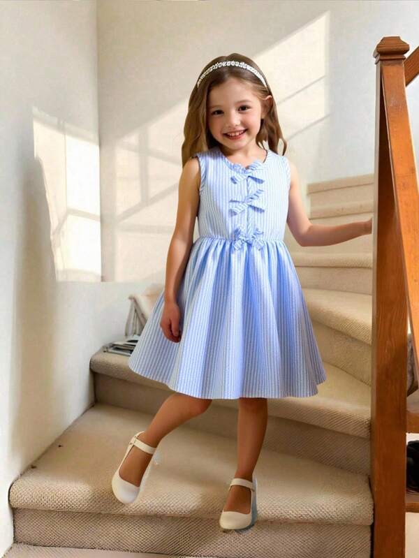 Robe décontractée mi-longue sans manches à taille cintrée et rayures, convenant aux étés. (Taille petite, pour filles)