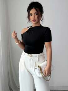 SHEIN 大码女士夏季金属装饰镂空短袖时尚T恤