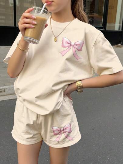 SHEIN Vintage Cute Bow Print, Pink Bow Design, Tween Girl Casual Minimalist Short Sleeve Shorts 2pcs Set, Suitable For Summer