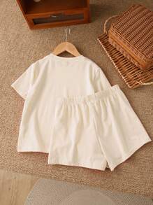 SHEIN 2pcs Vintage Bowknot & Leopard Print Tween Girls Casual Minimalist Short Sleeve Top And Shorts Set, Summer