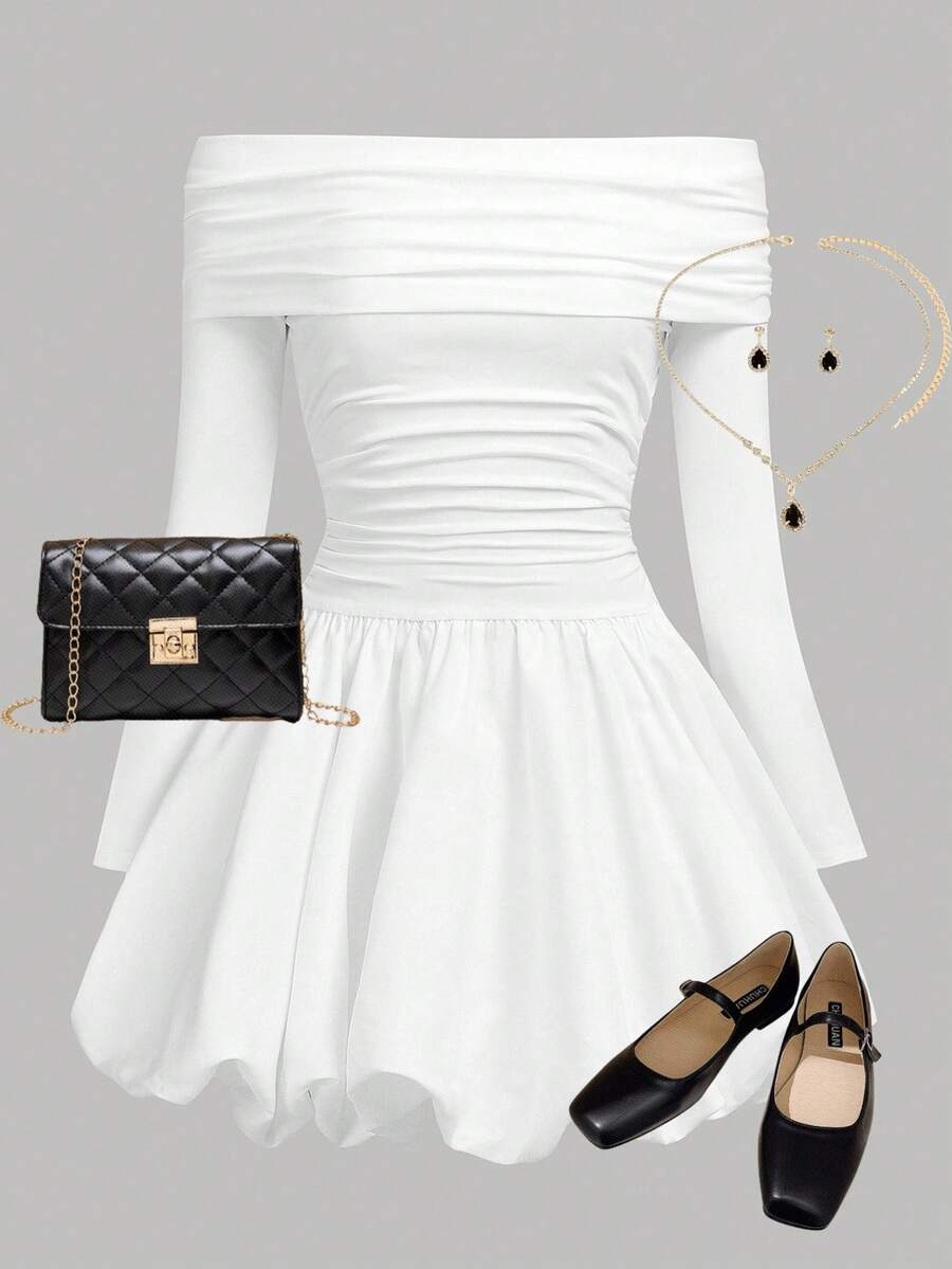 Girlism Teen Girls New Autumn Off Shoulder Off-Shoulder Bubble Dress With White Ruffle Hem Mini Dress - White - View 1