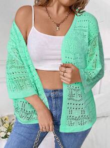 SHEIN LUNE Plus Size Lightweight Open Front Solid Color Casual Loose Cardigans - Mint Green - View 3