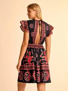 CAJUNI 女士度假波西米亚风蛇纹印花 V 领镂空后背盖袖 A 字迷你连衣裙，适合夏季假期 - 彩色 - 查看 2