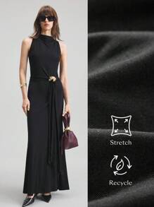 Ontre Đồng phục giáo viên nữ mới năm 2025, Phong cách đô thị, Vải dệt kim, Sợi rayon, Màu đen, Co giãn bốn chiều, Dệt kim đàn hồi, Không tay, Cổ rộng, Váy, Váy xòe, Nút trang trí kim loại, Trang phục thường ngày mùa hè - màu đen - Xem 3