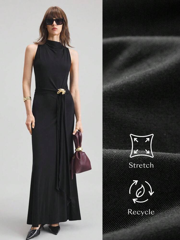 2025 New Women's Teacher Outfit, Urban Style, Knit Fabric, Rayon Fiber, Black, Four-Way Stretch, Elastic Knit, Sleeveless, Loose Collar, Dress, Flared Dress, Metal Decor Buttons, Summer Casual Wear