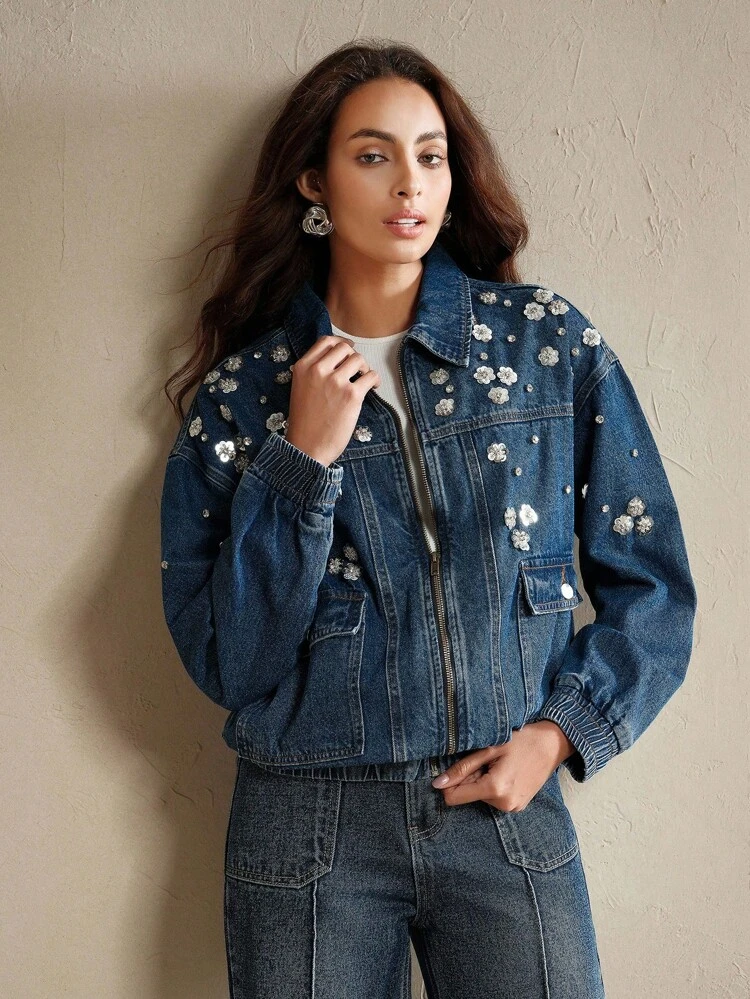 Veste en jean bleu ample à fleurs brodées faites à la main pour femmes