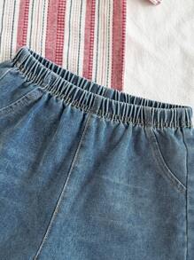 SHEIN 小男孩春夏翻领休闲条纹短袖衬衫和时尚百搭水洗牛仔短裤套装