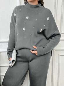 SHEIN Cottnline Women's Pearl Beaded Knit Sweater 2pcs/Set - Light Grey - View 3