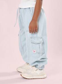SUMWON 儿童工装牛仔慢跑裤，带侧袋，弹性踝裤，休闲日常玩耍裤 - 淺藍色 - 查看 4