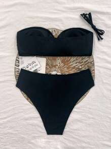 Costavie 2026 Spring/Summer Women's Black Bandeau Bikini Set With Gold 3D Starfish Decoration, Detachable Halter Strap, Elegant Two Pieces Swimsuit - Black - View 3