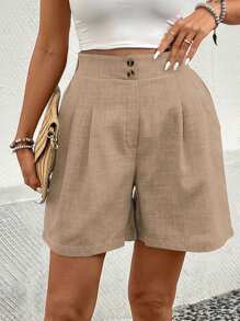 EMERY ROSE Casual Solid Color Loose Shorts, Summer - Khaki - View 5