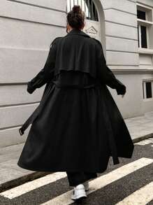 SHEIN EZwear Women Plus Size Long Sleeve Casual Black Long Trench Coat - Black - View 1