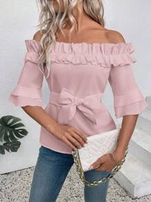 SHEIN Clasi 女士白色露肩荷叶边下摆休闲衬衫 - 粉色 - 查看 5