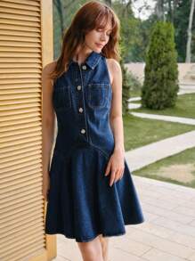 MOTF STUDIO HALF BUTTON POCKET DENIM DRESS