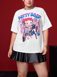 Betty Boop x SHEIN Summer Outfits Cute Rave Concert Vacation Beach Casual Boho Sexy Elegant Retro Gyaru Y2K Cool White Plus Size Casual Cartoon Portrait Motorcycle Heart Pattern Drop Shoulder Short Sleeve Loose T-Shirt,