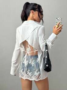 Chiquease Women's Long Embroidered Mesh Patchwork Blouse, Solid Color, Fitted, Long Sleeve, Front Open, Shirt Collar, Backless, Back Tie, Back Bow, Criss-Cross Back, Sheer Back, Embroidered Patchwork, Waist Cinched, Elegant, Casual, Work, Sexy, Luxurious, Romantic, Chic, Minimalist, Spring/Summer/Autumn