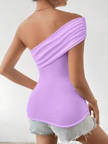 SHEIN Clasi Women Plain Color Ruched Slim Fit Slant Shoulder Neck T-Shirt - Purple - View 2