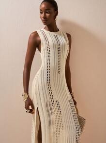 Zivah 新款时尚性感纯色镂空无袖中长款女士海滩度假连衣裙 - 杏色 - 查看 9