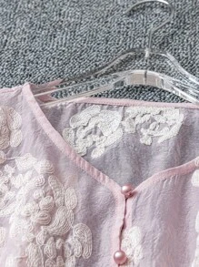 INAWLY 女士粉色刺绣纽扣上衣和裤子两件套 - 粉色 - 查看 4