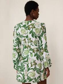 Aveloria Modichic Elegant Vacation Single-Breasted Decorative Bamboo Node Linen White Floral Print Blue Long Sleeve Deep V-Neck Fitted Short Dress For Women - Green - View 6
