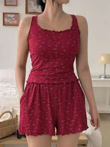 DAZY 2 st. dampyjamasset med blommig stickning och bekväm passform - Bourgogne - Visa 4