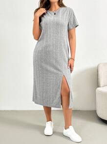 SHEIN Essnce Váy dài tay họa tiết sọc ngang màu xám chải kỹ thời trang xuân thu cho nữ cỡ lớn, thoải mái, rộng rãi, đa năng, mặc hàng ngày, mặc ở sân bay, váy đi chơi - Xám - Xem 4