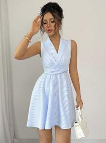 Elenzga Vestido corto sin mangas para mujer con cuello vuelto a rayas y cintura cruzada - Azul y blanco - Ver 6