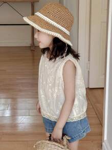 DAZY 女童圆领蕾丝休闲无袖衬衫 - 杏色 - 查看 5