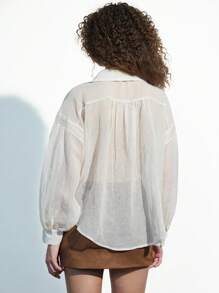 Aveloria Affinna Textured Linen-Like Sheer Pleated Lantern Sleeve Deep-V Neck Blouse, Casual And Versatile