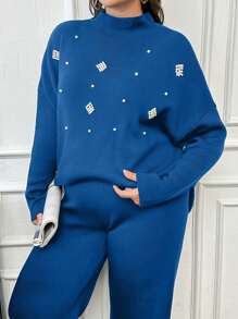 EURMUSE Women's Pearl Beaded Knit Sweater 2pcs/Set - Royal Blue - View 3
