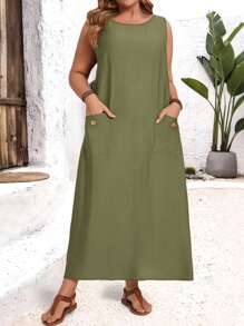 EMERY ROSE 大码夏季纯色圆领双口袋休闲吊带背心连衣裙