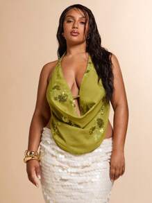 SHEIN BAE Plus Size Women Green Beaded Embroidered Halter Neck Sleeveless Top, Summer Vacation Beach - Green - View 9