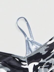 ROMWE Grunge Punk Áo thun nữ Gothic Wings Camo Print Rhinestone trang trí vai xiên rộng rãi 2 trong 1 - Xám - Xem 3