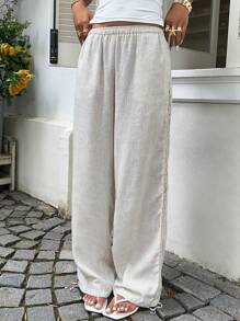 SHEIN EZwear 女士休闲纯色松紧腰宽松阔腿裤，带侧袋 - 杏色 - 查看 5