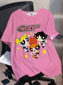 THE POWERPUFF GIRLS X SHEIN Plus Size Loose Fit Crew Neck Short Sleeve Pink T-Shirt, Casual Cartoon Cute Blossom Bubbles Buttercup Star Print Pattern, Comfortable For Summer Suitable For Going Out - White - View 1