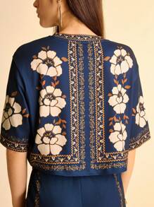 CAJUNI 2件套女士花卉印花T恤和阔腿裤度假休闲装 - 彩色 - 查看 7