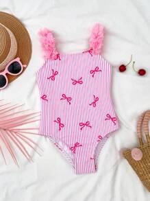SHEIN Young Girl Knitted Striped Bowknot Design 3D Floral One-Piece Swimsuit Girls Pink Bow Swimsuit Girls Striped Swimsuit One Piece Swimsuit Girls Pink One Piece Swimsuit Girls Swimwear