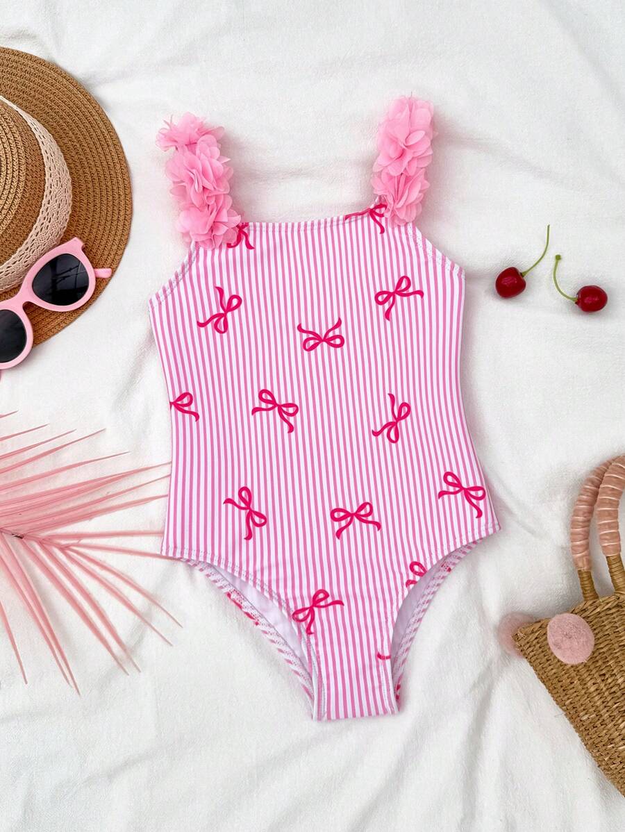 SHEIN Emery Rose Kids Tween Girls/Tween Girl Knitted Striped Bowknot Design 3D Floral One-Piece Swimsuit Girls Pink Bow Swimsuit Girls Striped Swimsuit One Piece Swimsuit Girls Pink One Piece Swimsuit Girls Swimwear - Pink - View 1
