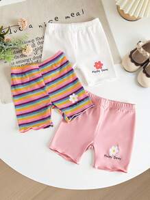 女婴三件套短裤，彩色条纹和花卉图案。春夏新品现已上市。舒适时尚、可爱休闲简约的风格，是日常穿着的必备单品。