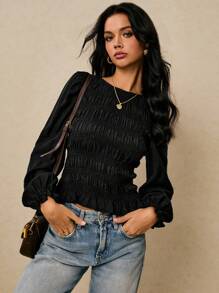 Poéselle 女式纯色圆领休闲百搭长袖上衣 - 黑色 - 查看 8