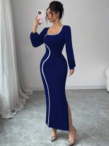 Modelyn 女式方领珠饰亮片长袖连衣裙 - 寶藍色 - 查看 7