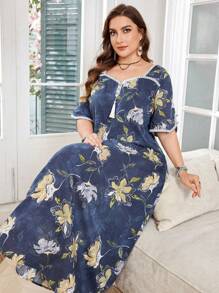 Lacomfia Vestido holgado de estilo árabe de media manga con escote de corazón y estampado floral para mujer de talla grande