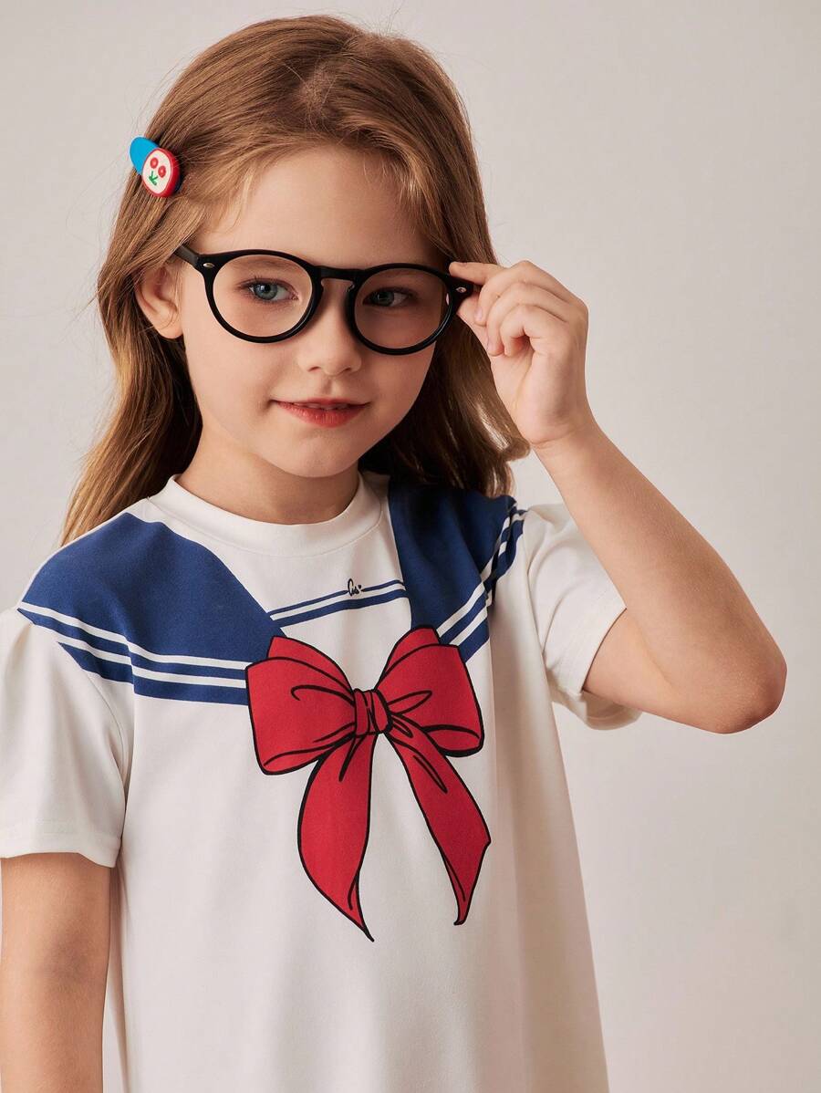 PrepCrw Kleine Mädchen Schulstil Knielanges Kleid mit Schleife, Matrosenausschnitt und Puffärmeln aus Strick mit Aufdruck - Weiss - Übersicht 1