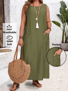 EMERY ROSE 大码夏季纯色圆领双口袋休闲吊带背心连衣裙