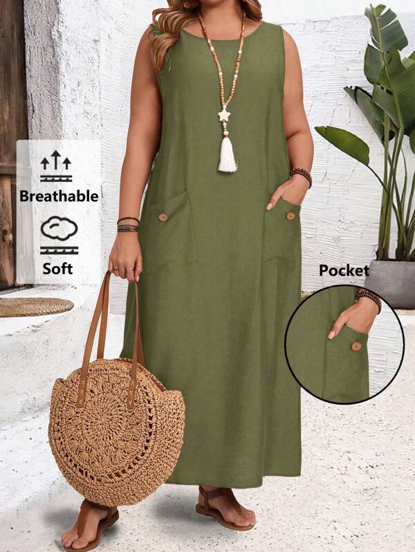 EMERY ROSE Plus Size Summer Solid Color Round Neck Double Pocket Casual Camisole Dress